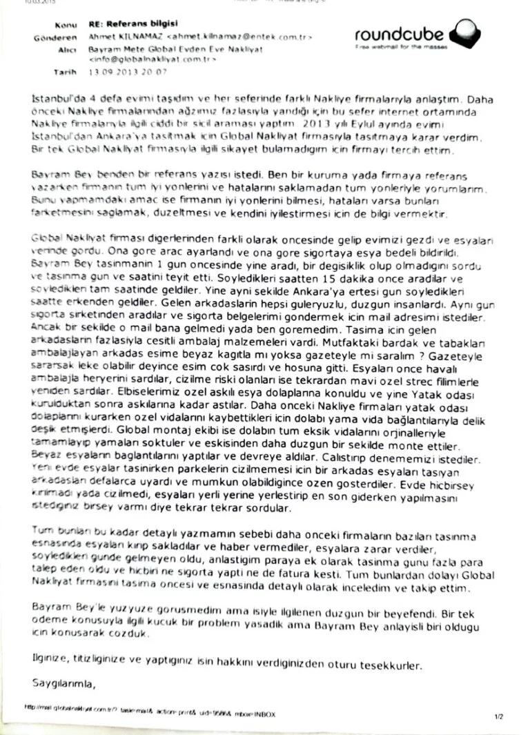 Ahmet Kılnamaz Referans Mektubu - Global Nakliyat