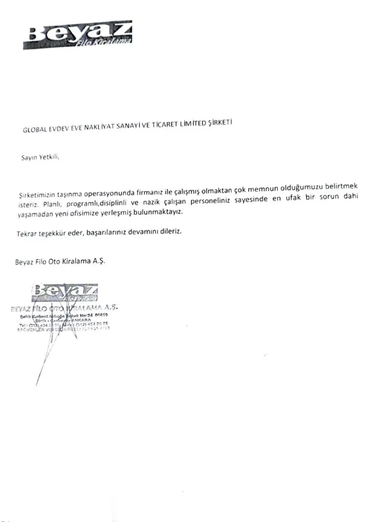 Beyaz Filo Kiralama Referans Mektubu