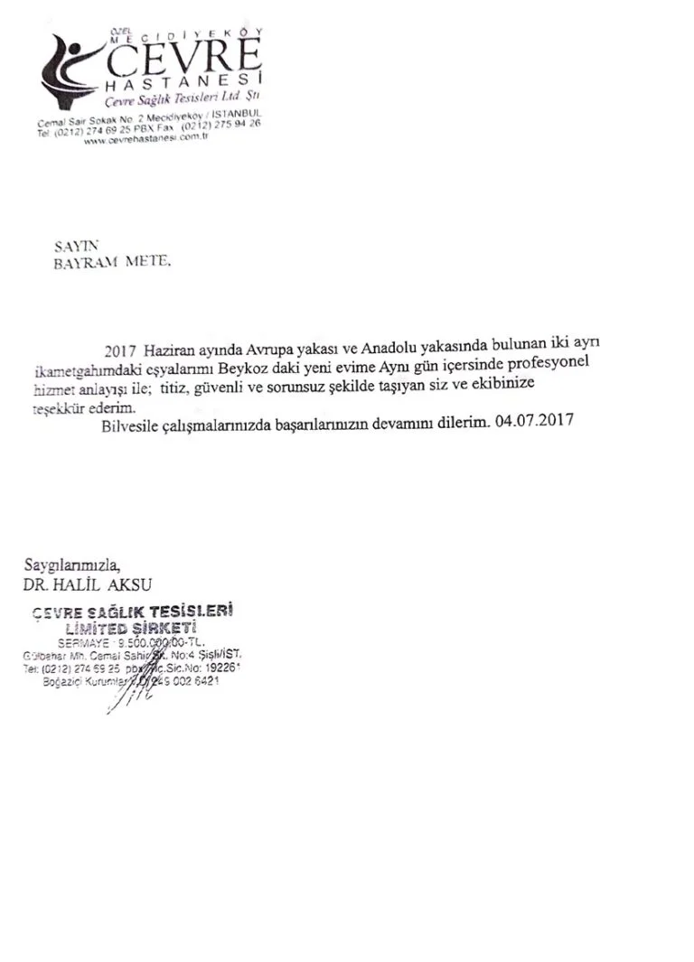 Çevre Hastanesi Referans Mektubu